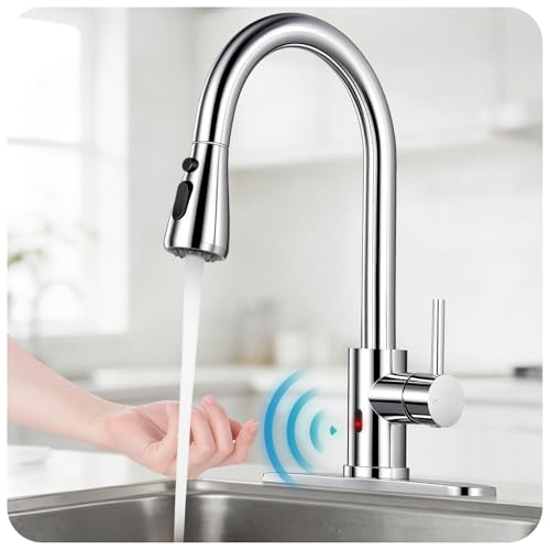Image of Touchless Kitchen Faucet with Pull Down Sprayer - Polished Chrome Single Handle Kitchen Faucets, High Arc Stainless Steel Pull Out Kitchen Sink Faucet with Deck for RV Laundry Farmhouse Bar