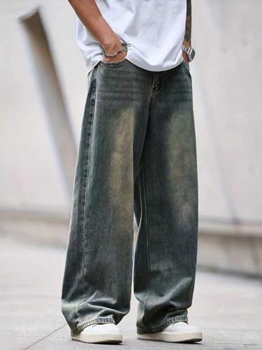 Image of NUCOUTHS Men Greentint Jeans | Stylish Washed Denim Jeans for Men | Slim Fit Casual Wear