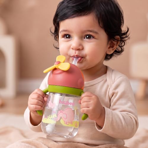 Image of Baybee Daffodil 330 ml Baby Sipper Bottle For Kids, Anti Spill Sipper Cup With Soft Silicone Straw with Handle & Rotating Fan | Sippy Cup with BPA Free & Non Toxic for Baby Toddlers 6 months+ (Orange)