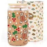 Coolife Holly Gingerbread Man Christmas Decorations, Gifts for Women Men - 16 oz Glass Cup Tumbler w/Straw Lid, Christmassy Preppy Glass Cups w/Lids Straws for Smoothie Iced Coffee Beer