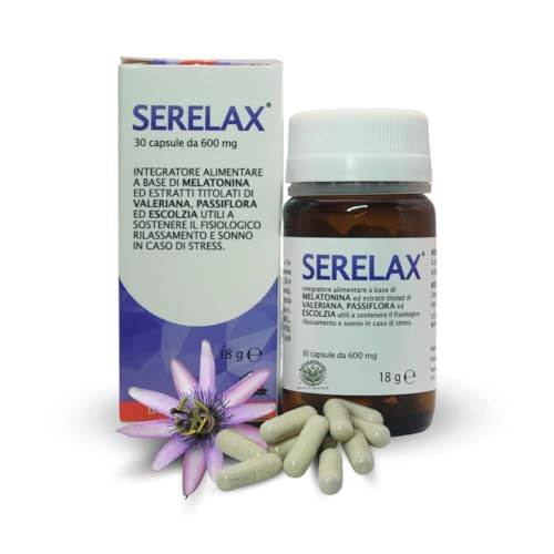 SERELAX Integratore per Dormire Bene e Rilassarsi, 30 Capsule con Melatonina, Valeriana, Passiflora, Escolzia e Melissa – Integratore Naturale per Qualità del Sonno
