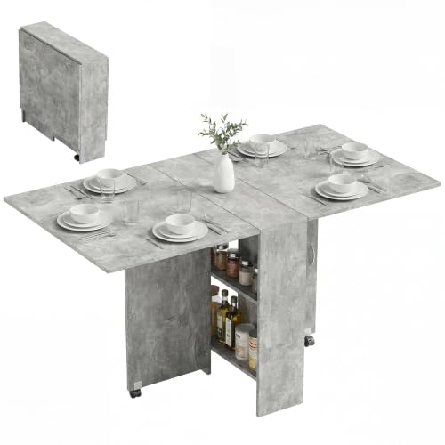 HOMCOM Mesa Plegable de Comedor con Ruedas 75x140x74 cm Gris Cemento