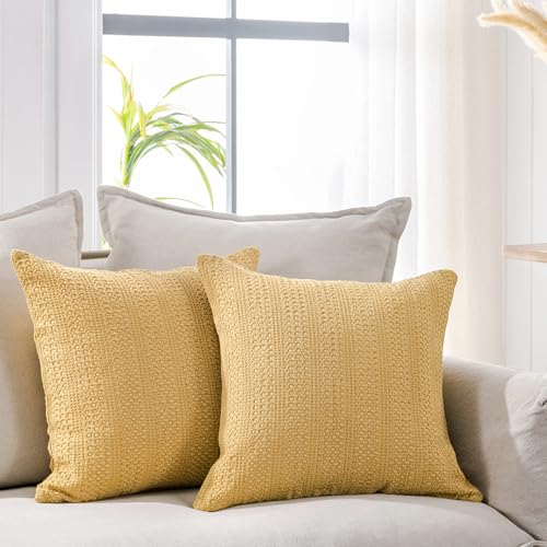 Image of 18x18 Throw Pillow Covers Set of 2 Boho Decorative Pillow Shams Stone Washed Cotton Pillowcase Waffle Square for Couch Sofa Chair Bed Car, Yellow