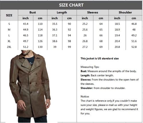 Invachi Mens Leather Trench Coat Double Breasted Belted Windbreaker Lapel Long Jacket Windproof Overcoat #TOP5