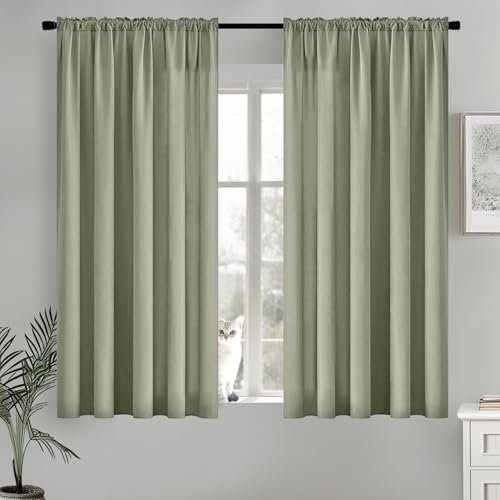 Image of MIULEE Sage Green Semi Sheer Privacy Curtains Drapes 2 Panels 52W x 63L