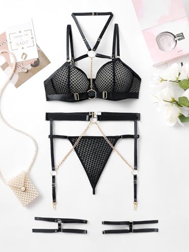 Image of Lilosy Sexy Pu Leather Strappy Underwire Garter Belt Lingerie Set
