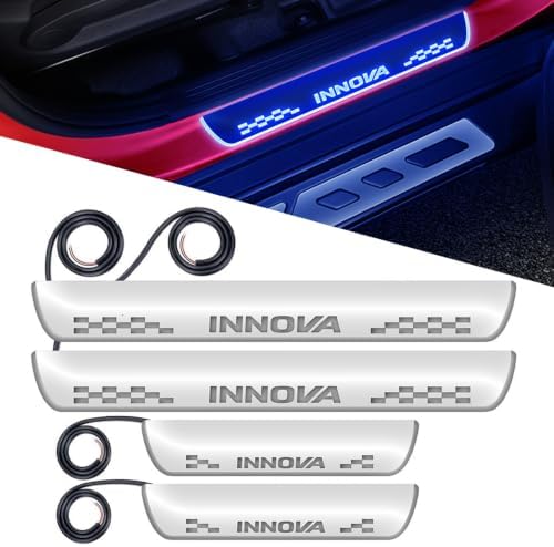 FABTEC Car Door Foot Step Sill Plate with Mirror Finish Led Compatible with Toyota Innova (Set of 4pc, Blue)(6 Month Warranty)