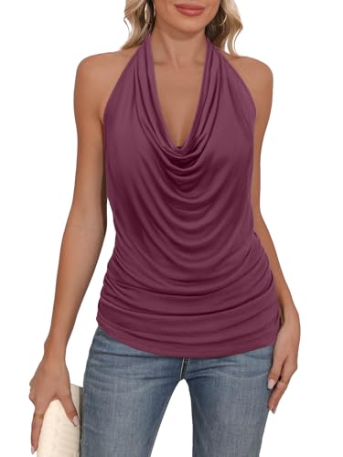 DB MOON Damen-Tank-Top, Neckholder, Wasserfallkragen, sexy, rückenfrei, niedlich, gerüscht, Freizeithemden, Malvenfarben, X-Groß DB MOON Damen-Tank-Top, Neckholder, Wasserfallkragen, sexy, rückenfrei, niedlich, gerüscht, Freizeithemden, Malvenfarben, X-Groß