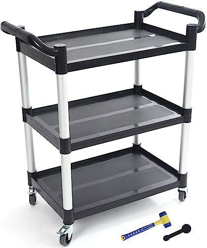 Utility Cart With Wheels, Craftforce 3-Tier Food Service Cart, Heavy Duty 528Lbs Capacity Rolling Utility Cart With Lockable Wheels For Office, Kitchen, Garage, Warehouse, 31.5" X 16.9" X 37.8", Black #TOP12