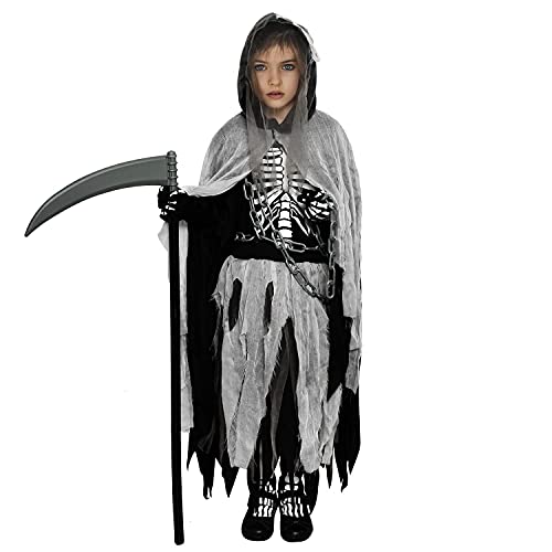 YoleShy Girls Grim Reaper Costume Kids Reaper Costume for Girls, Reaper Girl Costume Kids Halloween Costumes for Girls Glow in The Dark, Grim Reaper Kids Costume Large(10-12)
