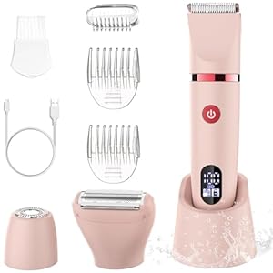 Scttomon Rasoir Electrique Feminin Tondeuse précise pour visage et zones sensibles, Tondeuse à poils corporels pour visage, jambes, aisselles et zone pubienne,étanche, Écran LCD, Rose, 3 in 1