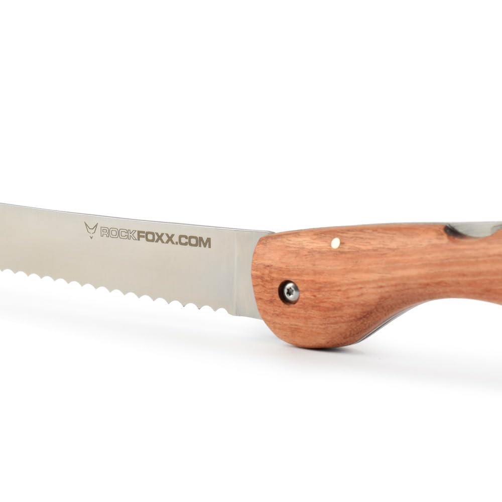 FOXXKNIFE składany nóż do chleba, scyzoryk, duży nóż 18,5 cm, bez grawerowania laserowego, uchwyt z drewna korzeniowego, ostre ząbkowanie, idealny na kemping, offroad, poszukiwacz przygód w przyczepie