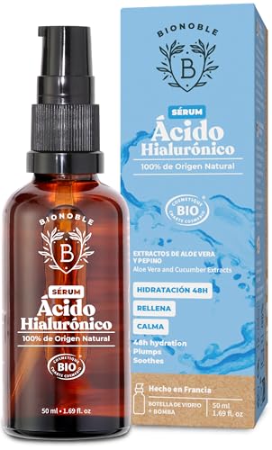 BIONOBLE Serum Facial Acido Hialuronico Orgánico - Antiarrugas, Hidratante y Antiedad con Aloe Vera - Piel, Cara y Contorno de Ojos - Frasco de Vidrio con Bomba - Serum Acido Hialuronico - 50ml