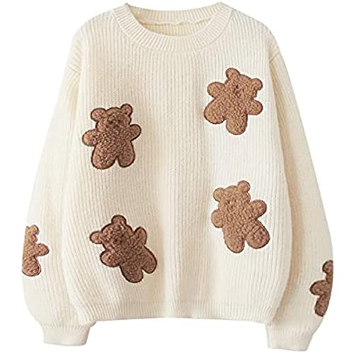 Japanese Style Kawaii Bear Patch Embroidery Cute Sweater for Teen Girls Long Sleeve Pullover Tops Casual Sweaters (White,F)
