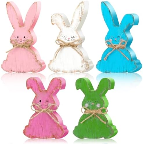 5 Pcs Easter Bunny Wooden Signs Freestanding Bunny Table Decor Fa...