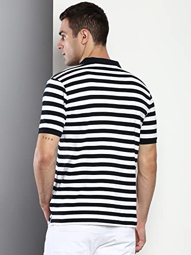 Image of Dennis Lingo Men's Casual Slim Fit Polo Neck T-Shirt, Half Sleeves Striped Pure Cotton Collar T-Shirt for Men