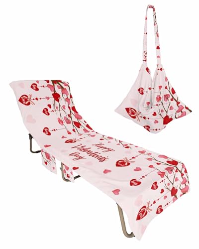 Valentines Day Beach Lounge Chair Towel Cover, Soft Chaise Lounge Towel with Side Pockets Patio Pool Chairs Cover for Beach/Pool Sunbathing 29x85 Pink Red Love Heart Tree