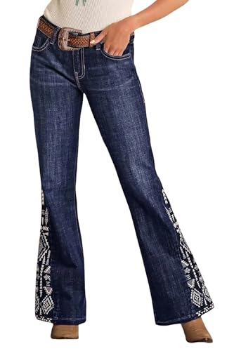 Women's Side Insert Embroidered Slim Fit Stretch Flare Jeans Mid Rise Denim Trousers(Belt Not Included)