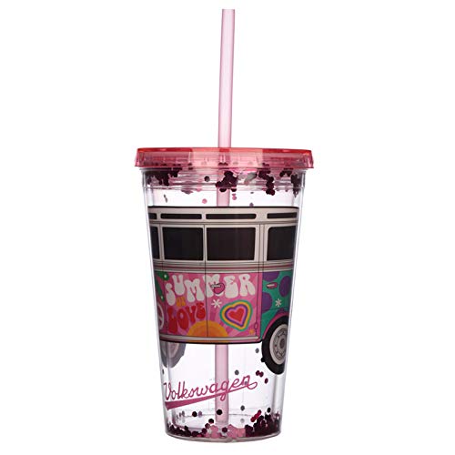 Puckator Shatterproof Volkswagen VW T1 Camper Bus Summer Love Double Walled Cup with Straw and Lid - Insulated Tumbler - Cups with Lids and Straws for Adults Children - Travel Thermal Cup with Straw