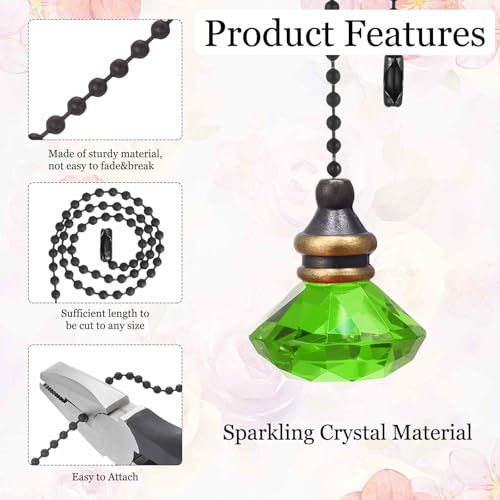Image of MECCANIXITY 4Pack Ceiling Fan Pull Chain, 12 Inch Decorative Ornaments Diamond Pendant Pull Chain Extension for Ceiling Fans Light Lamp, Green