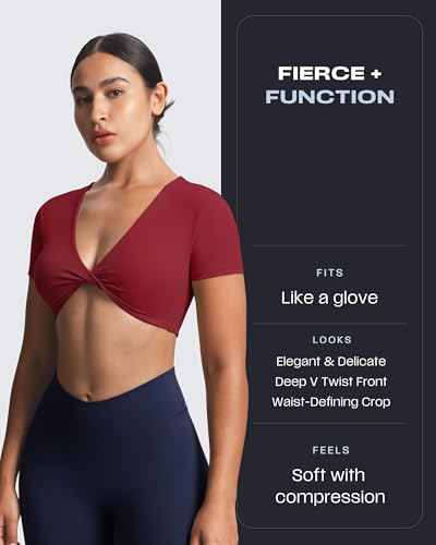 Image of Aoxjox Short Sleeve Crop Tops for Women Sienna Twist Deep V Workout Cropped T Shirt Top