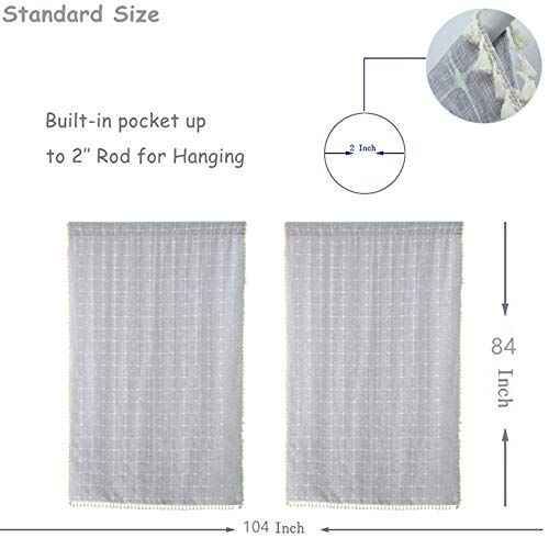 Yokii Boho Curtains For Bedroom 84-Inch Modern Farmhouse Cotton Linen Embroidery Tassel Window Curtain Panels Semi-Transparent Geometric Trellis Draperies Living Room Decor (Pairs 52W X 84L, Grey) #TOP3