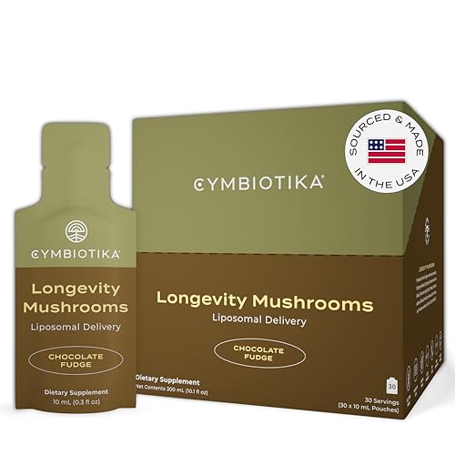 CYMBIOTIKA Liposomal Mushroom Supplement - Lions Mane Cordyceps Reishi Turkey Tail B-Vitamins for Immune Support & Energy Chocolate Fudge Flavor 30 Pack