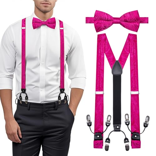 Image of YOHOWA Men Suspenders 6 Clips Strength Adjustable Y Braces Pre-Tied Bow Tie Set Formal Wedding Party