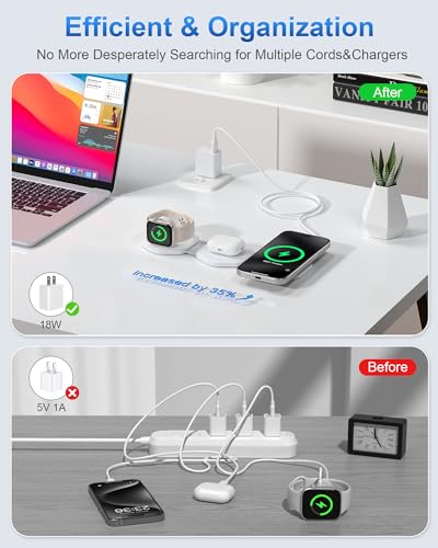 3 in 1 Wireless Charging Station for Apple MagSafe Charger, Foldable Magnetic Travel Charger for Multiple Devices iPhone 15 14 13 12 Series Apple Watch AirPods Pro