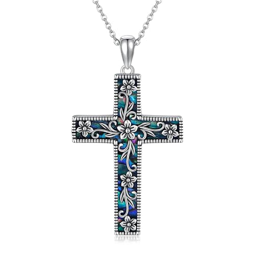 URONE Cross Necklace Sterling Silver Cross Flower Pendant Necklace Christian Religious Vintage Jewelry Gifts for Women