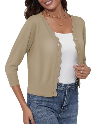 Image of Women's Cropped Cardigans 3 /4 Sleeve Button Down Lightweight Cardigan Sweaters Scalloped Edged Bolero Shrugs