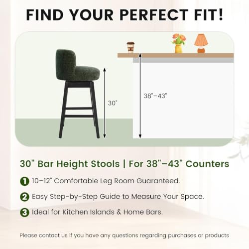 Image of COCO DESIGN 30 inch Green Swivel Bar Height Stools Set of 4 with Wood Legs | Mid Century Modern Style, Smooth Swivel Design, Chenille Upholstered Seat, Sturdy Solid Wood Legs, Bar Height For Island