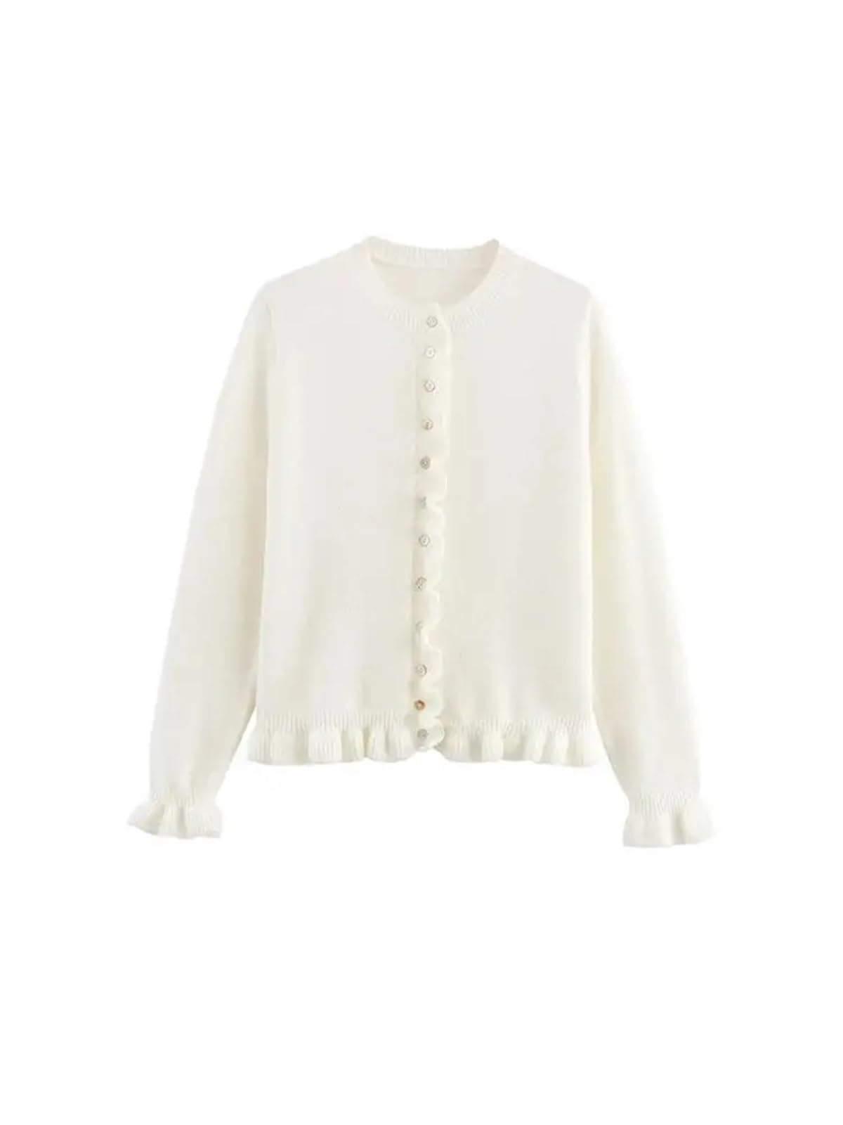 Cárdigan para Mujer Cárdigan de Punto con Volantes for Mujer, suéter Elegante Cuello Redondo, Manga Larga y Botones Delanteros, Prenda Exterior