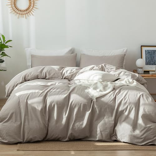 Image of MooMee Bedding Duvet Cover Set 100% Washed Cotton Linen Like Textured Breathable Durable Soft Comfy (Heathered New Natural Linen, Twin 68 inchx90 inch)