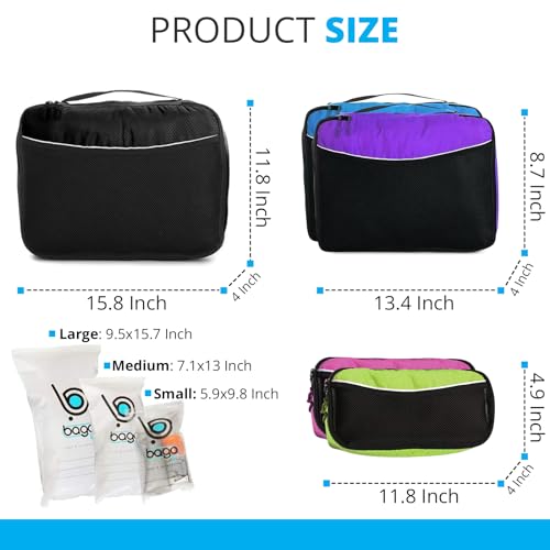bago 8 Pcs Packing Cubes for Travel - 5 Travel Packing Cubes for Suitcases with 3 ZipLock Bags, Luggage Organizer Bags to Get Maximum Storage, Save Time & Effort to Pack (Black Blue Purple Green Pink)2