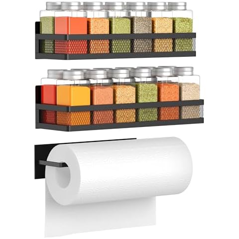 Hleelomi 3 Pack Magnetic Spice Rack for Refrigerator with Paper Towel Holder, Seasoning Organizer for Kitchen, Black Cover
