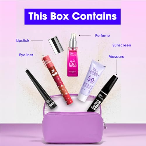 Image of Blue Heaven Glam Ready Beauty Makeup Kit|Gift Set with Free Makeup Pouch| Includes 4in1 Stackable Lipstick, Eyeliner, Mascara, Perfume & SPF50 Mini Sunscreen| Ideal for Gifting or daily use, Pack of 5