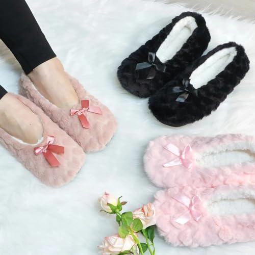 Womens Cute Bow Slipper Socks with Grippers Fuzzy Fluffy House Floor Shoes Warm Soft Non-slip Birthday Christmas Gifts2