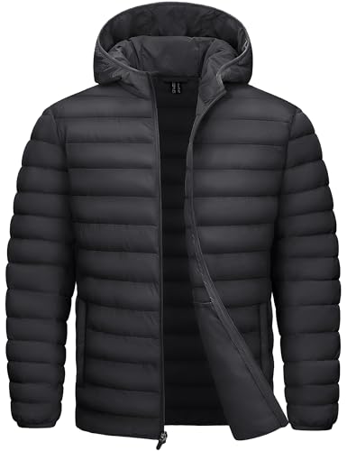 TACVASEN Hooded Puffer Jacket Men Lightweight Packable Water Resistant Windbreaker Winter Down Coats Quilted Casual Puffy Jackets Black L
