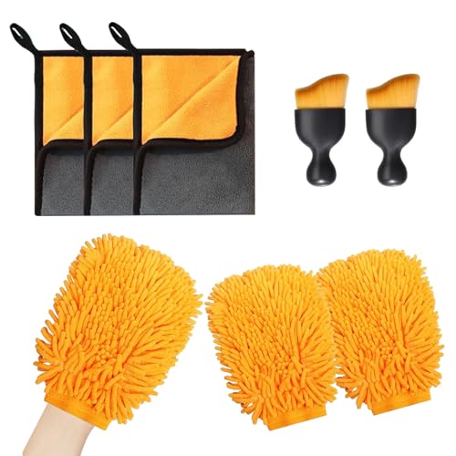 Gebrazy Juego De Cuidado del Coche, 7 Unidades con 3 Paños De Microfibra para Coche, 2 Manoplas De Secado Lavado 2 Cepillos para Limpieza Interior del Coche, 600 g/m²,para Secar Sin Arañazos Y Pulir