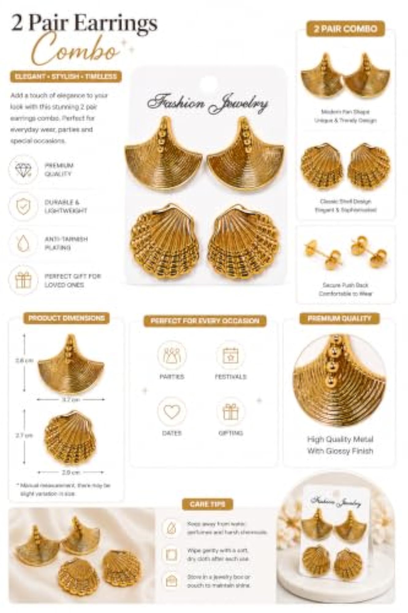 Plated Statement Earrings Combo, Geometric Shell Style