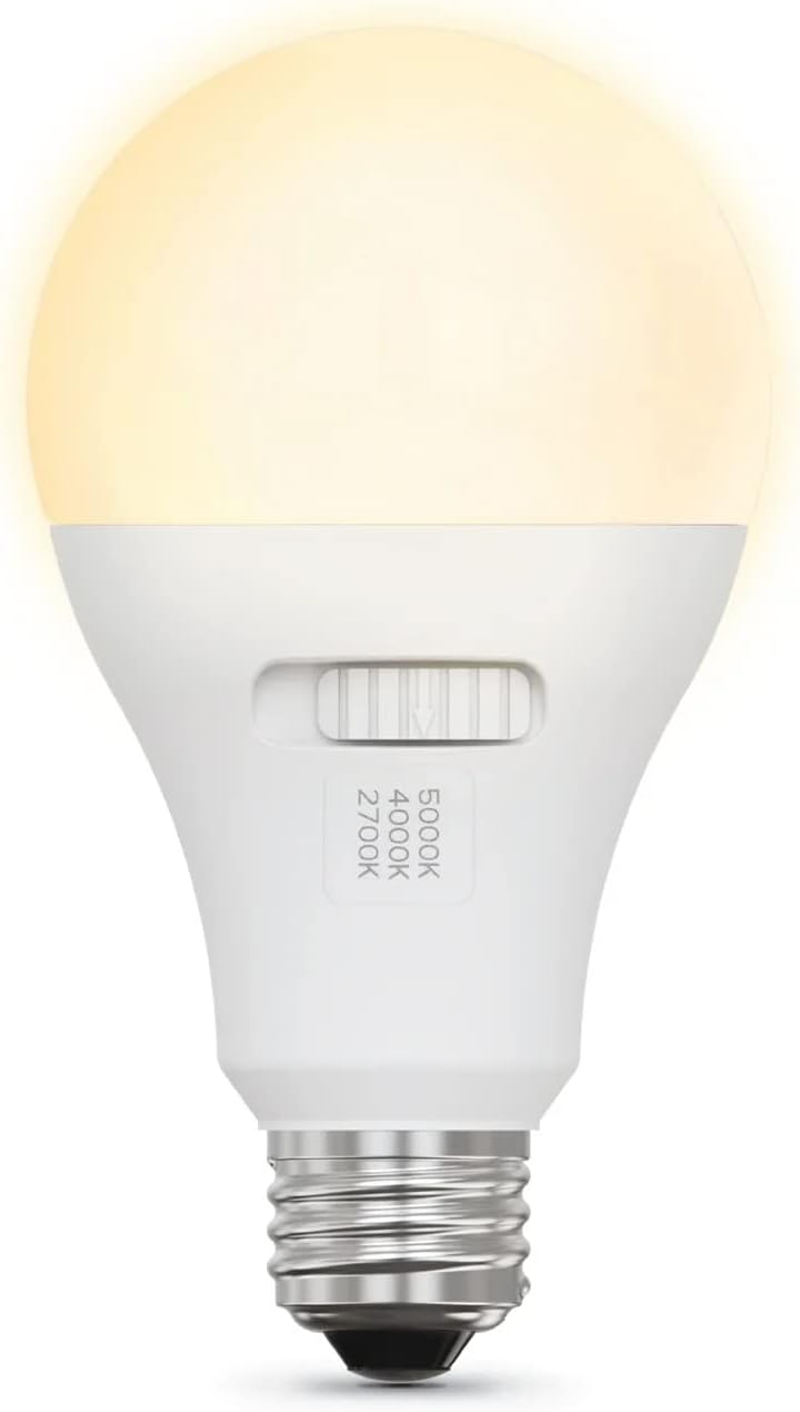 A19, 8.8W 5CCT, E26 Medium Base, 120V, 800L, CCT Selectable, White Finish LED Bulbs. (Pack of 4)