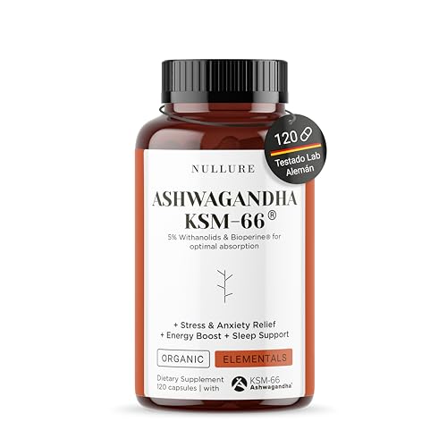 Nullure Ashwagandha KSM-66 Orgánica + Bioperine | Vegana | 600mg | Antiestrés (Cortisol) · Equilibrio Emocional · Resistencia | Ashwagandha Ecológica | 5% Withanolides | 120 caps. (2 meses)