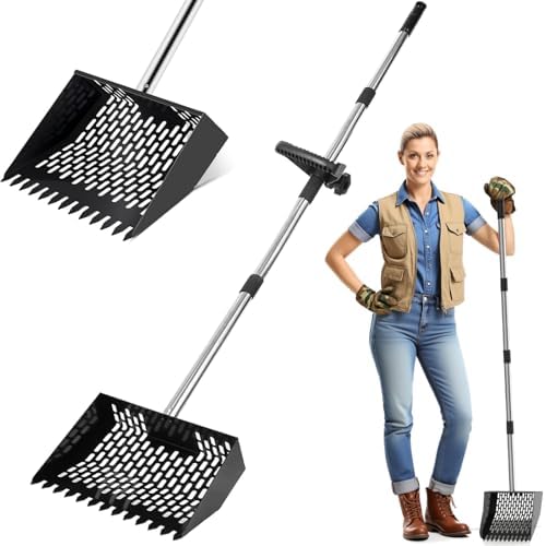 Metal Chicken Poop Scooper & Rake 2-in-1 Stainless Steel Shovel Head & Adjustable Handle with Ergonomic Grip Durable Sand Sifting Litter Shovel for Chicken Coops & Small Farm Animals