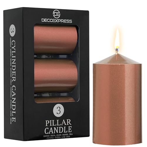 DECO EXPRESS Lot Bougies Piliers de 3, Bougie Longue Durée de Combustion de 30 Heures, Sans Parfum, Gamme Métallique (Cuivre - Lot de 3)
