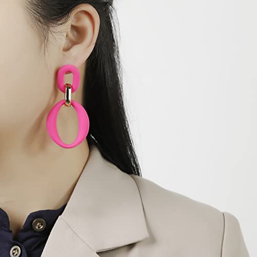 Ruoffeta Acrylic Rectangle Earrings, Fashion Acrylic Square/Oval/Hoop Statement Drop Earrings For Women Girls(Hot Pink Oval) #TOP1