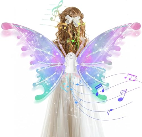 Image of PATPAT Light-Up Fairy Butterfly Wings for Girls, Colorful Flapping Fairy Wings with Light & Music, Elastic Shoulder Straps, Dress Up Costume for Party, Cosplay.