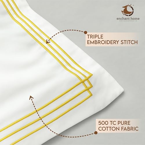 Image of Pure Cotton 500 TC Solid Pillow Cover Set | Greek Embroidered Pillow Cover Set | Percale Weave | 18 X 27 Inches (2, White - Triple Golden)