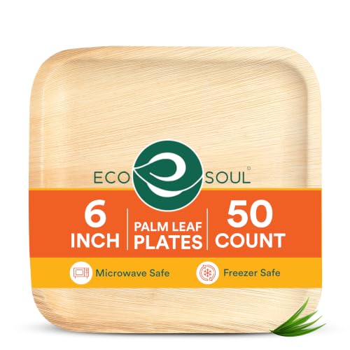 ECO SOUL 6 Inch Disposable Palm Leaf Bamboo Plates (50 Pack Square)