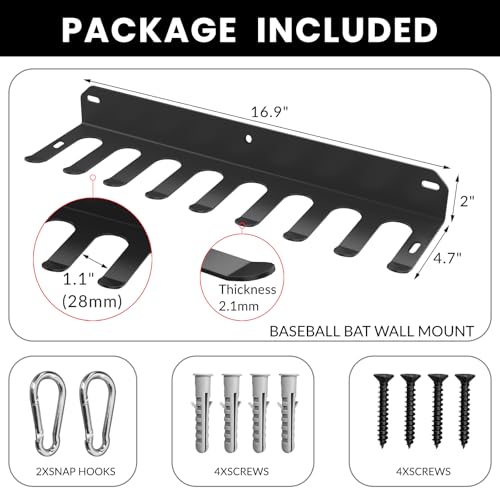 Yuleimy Baseball & Softball Bat Rack Display or Storage, Heavy Duty Steel Wall Mount Bat Holder for 16 Bats, Dugout Fence Clip-On Organizer Hooks for Gear & Gloves, Black, 1 Pack by Yuleimy - Image 4